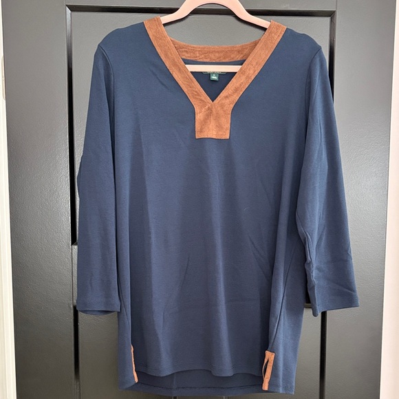 Women’s Ralph Lauren Navy 3/4 Sleeves Top w/Brown V-Neck Suede. Size 1X - Picture 1 of 13